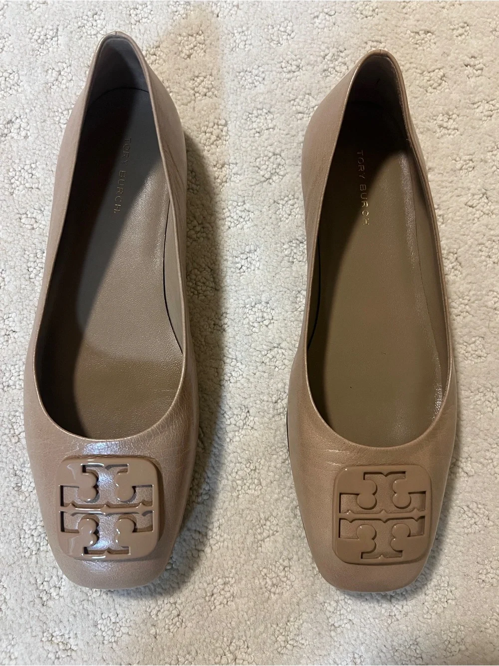 Tory Burch Nude Patent Logo Square-Toe Flats